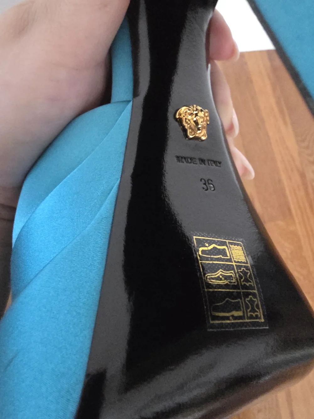Versace Teal Satin Platform Slingback Heels with Jeweled Anklet